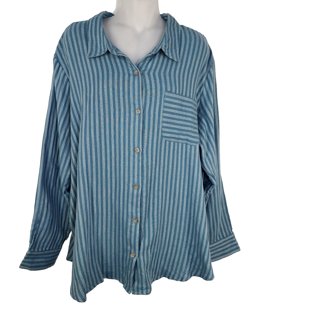 Maurice’s Women’s Shirt XL Flannel Button Front Teal Striped Long Sleeve Cotton